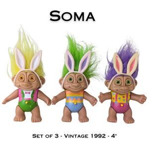 VTG 1992 Soma Troll Easter Bunny Troll Dolls Set 3 Light Up Eyes 4" Not Working